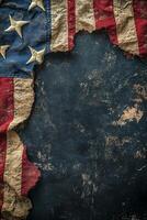 Worn American flag displayed artistically against a dark background in a serene setting photo