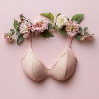 Pink lingerie adorned with colorful flowers against a soft pastel background photo