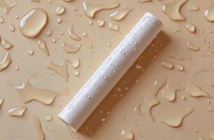 A white chalk stick resting on a smooth surface with droplets of water scattered around it photo