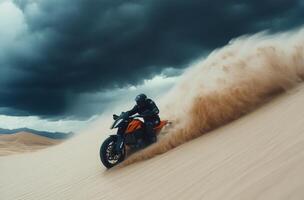 Adventurous rider conquering sandy dunes under an ominous sky near the ocean photo