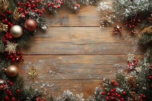 Festive decorations on rustic wooden background with Christmas ornaments and greenery photo