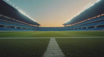A vibrant sunset over an empty stadium with bright lights illuminating the pitch photo