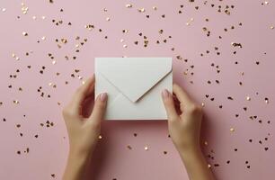 Holding a heart shaped envelope with golden confetti on a pink background during a celebration photo