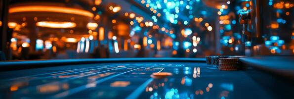 A vibrant casino interior with bright lights and bustling activity during the evening hours photo