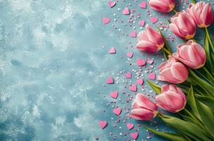 Pink tulips on a blue background with heart confetti for a festive touch photo
