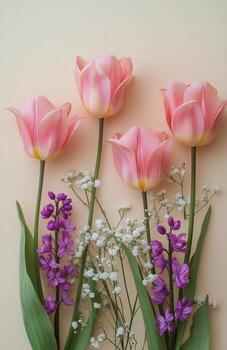 vistoso tulipanes y delicado floraciones arreglado hermosamente en suave pastel antecedentes foto