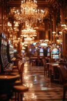 Elegant casino interior with chandeliers and slot machines in a luxurious atmosphere photo