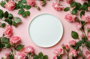 Arrangement of delicate pink roses surrounding a blank white plate on a soft pink background photo