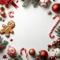 Festive holiday arrangement with gingerbread, ornaments, and candy canes on a white background photo