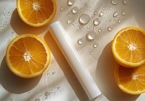 Fresh oranges and creamy treat with water droplets on a light background during daylight photo