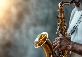 A saxophonist performing passionately in a dimly lit room with textured walls photo