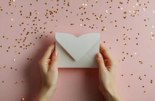 Holding a heart shaped envelope with golden confetti on a pink background during a celebration photo