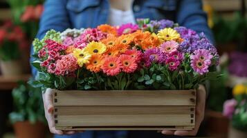 Person holding a wooden box filled with colorful flowers in a cozy indoor setting during daylight photo