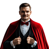 Handsome Man in Dracula Costume with Red Cape High-Resolution Photo png