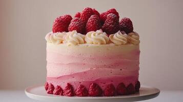 Delicious three layer raspberry mousse cake topped with fresh berries on a white background photo