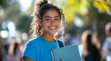 A smiling student walking through a campus filled with greenery during the daytime photo