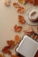 A travel suitcase and straw hat surrounded by colorful autumn leaves on a flat surface photo