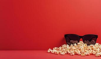 Popcorn spilling from a bowl with sunglasses against a vibrant orange background photo