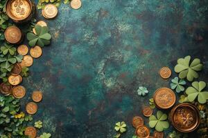 Green background with coins and flowers creating a festive St Patricks Day atmosphere photo