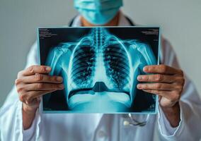 Experienced doctor holding a chest X ray in a clinical setting during daytime examination photo