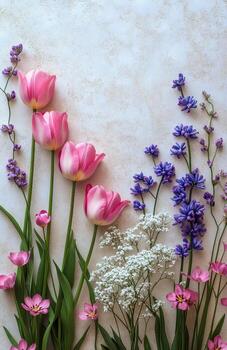 vistoso tulipanes y delicado floraciones arreglado hermosamente en suave pastel antecedentes foto