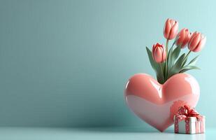 Beautiful heart shaped box adorned with flowers and a bow on a soft blue backdrop photo