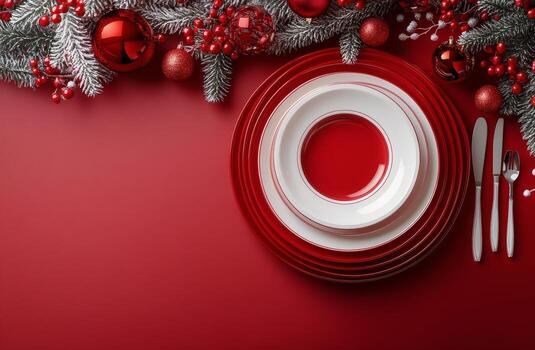 Elegant holiday table setting with red and white plates surrounded by festive decorations photo