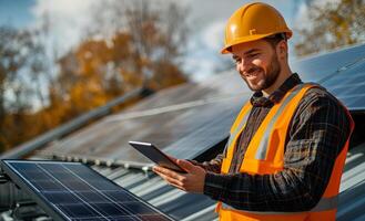 Technician inspecting solar panels on a rooftop in autumn while using a tablet during daylight photo