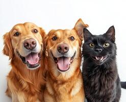 A joyful golden retriever, a calm gray lab, and a curious black cat pose together indoors photo