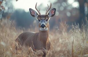 A deer standing amid golden grass in a quiet field during a calm autumn evening photo