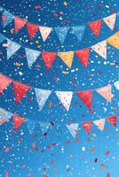 Colorful festive bunting and vibrant confetti against a bright blue sky on a joyful occasion photo
