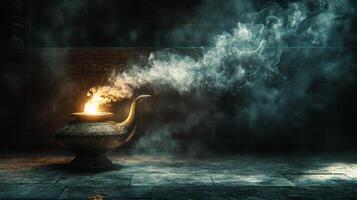 A mystical lamp emitting smoke in a dimly lit ancient setting at night photo