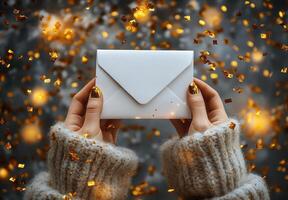 Celebratory moment with an envelope surrounded by golden confetti during a festive occasion photo