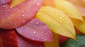 Vibrant autumn leaves glisten with raindrops under soft natural light in a serene garden setting photo