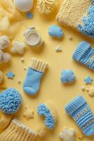Blue baby socks surrounded by playful decorations on a bright yellow background photo