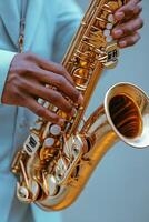Close up of a musician playing a beautifully crafted saxophone during a live performance photo