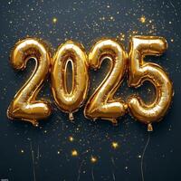 Golden balloons spelling 2025 against a dark background with scattered confetti photo