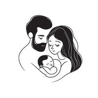 Adorable parents with newborn baby, nurturing and smiling together in a simple, affectionate sketch vector