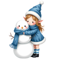 Blue and White Christmas Elf Hugging Snowman png