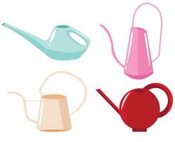 set of icons of unusual shapes and pastel colors of watering cans for plants, for design, poster or textile vector
