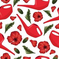 seamless pattern with buds of red poppies, green leaves and red watering can for plants, for textile, packaging or banners vector