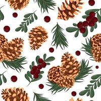 seamless pattern with different pine cones and fir twigs and red holly berries on a white background, for Christmas wrapping, cards or decorations vector