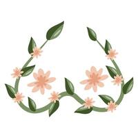 female breasts with green leaves, twigs and pink flowers of various shapes instead of nipple vector