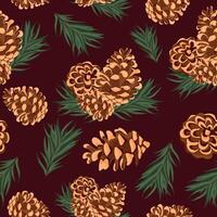 seamless pattern with different pine cones arranged randomly and fir branches on a red background, for Christmas packaging, cards or decorations vector