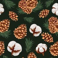 seamless pattern with different cones of coniferous trees and various cotton flowers and fir branches on a green background, for Christmas wrapping, cards or decorations vector
