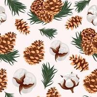 seamless pattern with different cones of conifers and various cotton flowers and fir branches on a white background, for Christmas wrapping, cards or decorations vector