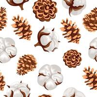 seamless pattern with different cones of coniferous trees and various cotton flowers on a white background, for Christmas wrapping, cards or decorations vector