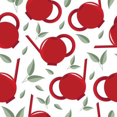 seamless pattern of pastel red watering cans placed chaotically and pastel green sprouts, for textile, packaging or banners