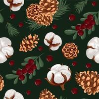 seamless pattern with different cones of conifers and various cotton flowers and sprigs of fir and red holly berries on a green background, for Christmas wrapping, cards or decorations vector