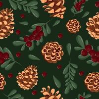 seamless pattern with different cones of conifers and red holly berries on a green background vector